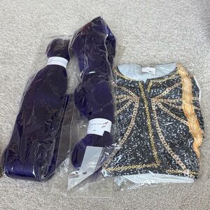 Black and Gold Sequin Costume with Purple Hair Extensions